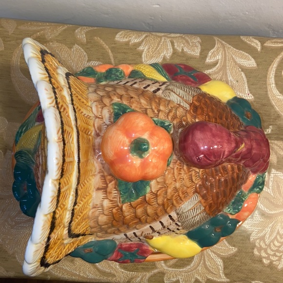 HUGE TURKEY TUREEN THANKSGIVING POTTERY HAND PAINTED NEW HARVEST Fall Vintage - Picture 9 of 13